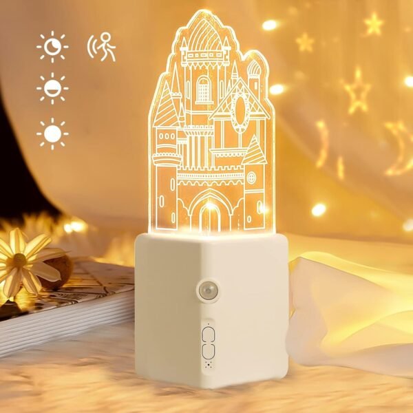 LED Castle Motion Sensor Night Light – USB Rechargeable, Adjustable Brightness, 3000K Soft White