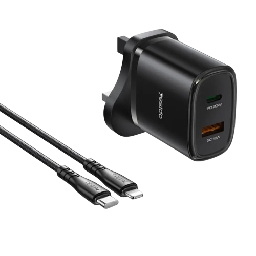 Yesido Compact Dual-Port 20W Fast Charger with USB-C & USB-A + 1m PD Cable