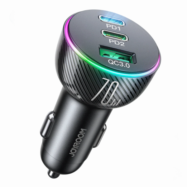 Joyroom 3-Port Car Charger 70W Dual+Usb Fast Charging Colourful Led Light JR-CL26