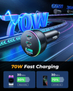 ⁦Joyroom 3-Port Car Charger 70W Dual+Usb Fast Charging Colourful Led Light JR-CL26⁩ - الصورة ⁦4⁩