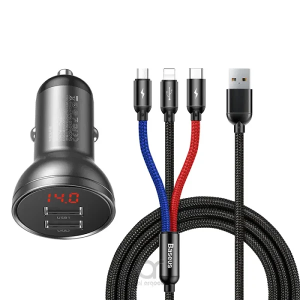 Baseus Car Charger Suit Digital Display Dual Usb 4.8A 3IN1 Cable