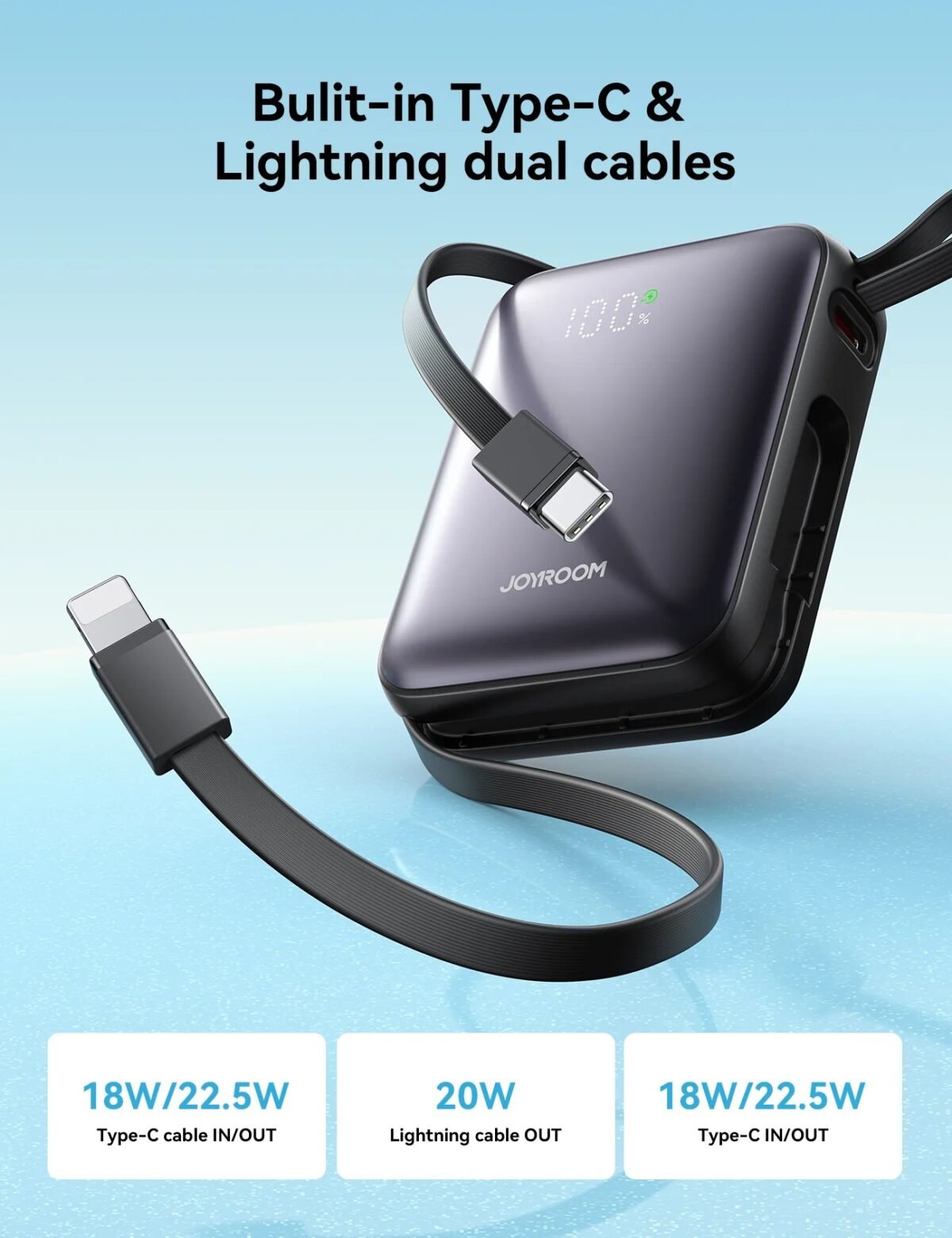 ⁦Joyroom Mini Fast Charging Powerbank 10000 MAH With Lightning & Type-C Dual Cables JR-PBF27⁩ - الصورة ⁦2⁩