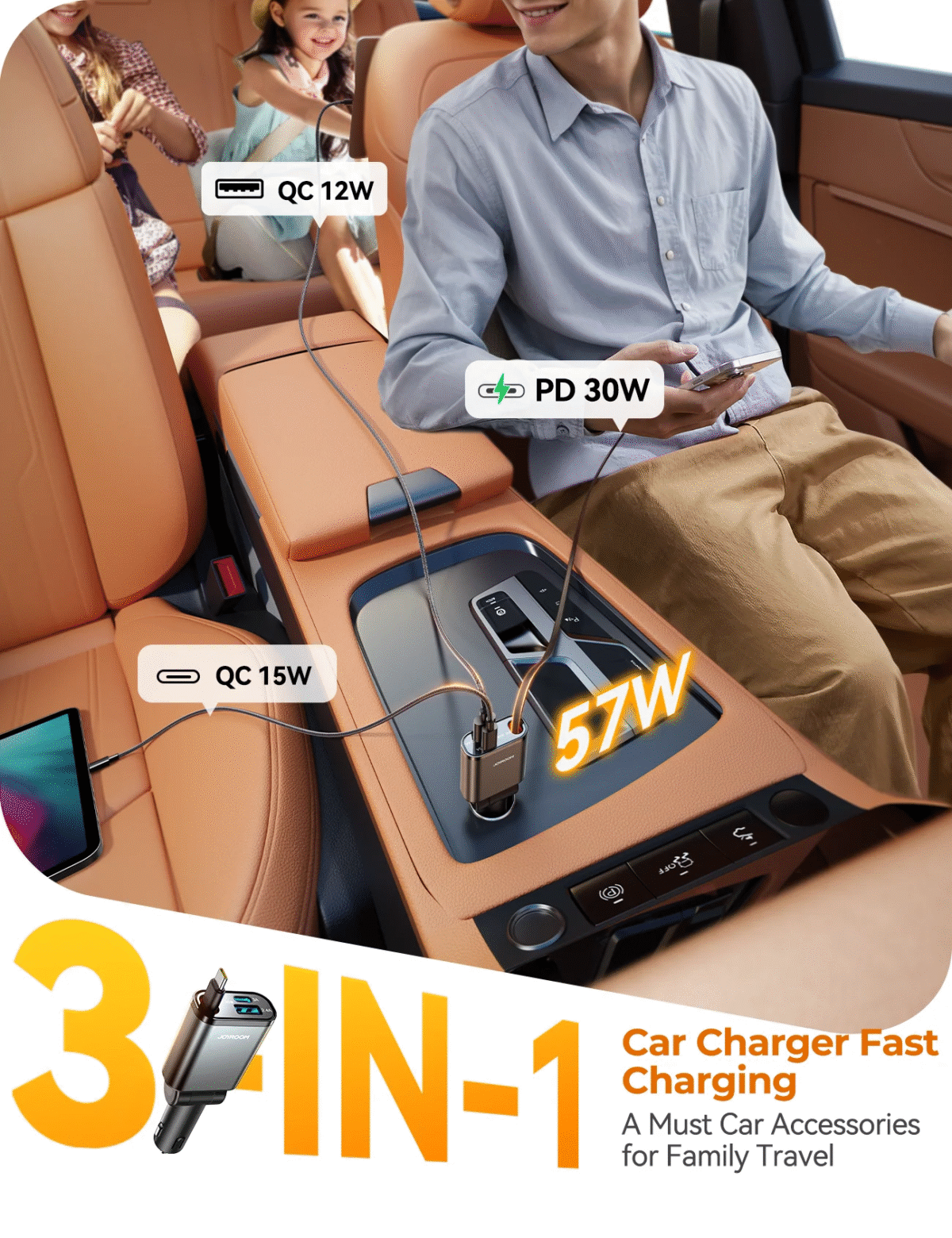 Joyroom 45W 3-in-1 Retractable Car Charger – Dark Grey – JR-CCL07 - Image 6
