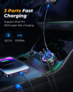 ⁦Joyroom 3-Port Car Charger 70W Dual+Usb Fast Charging Colourful Led Light JR-CL26⁩ - الصورة ⁦8⁩