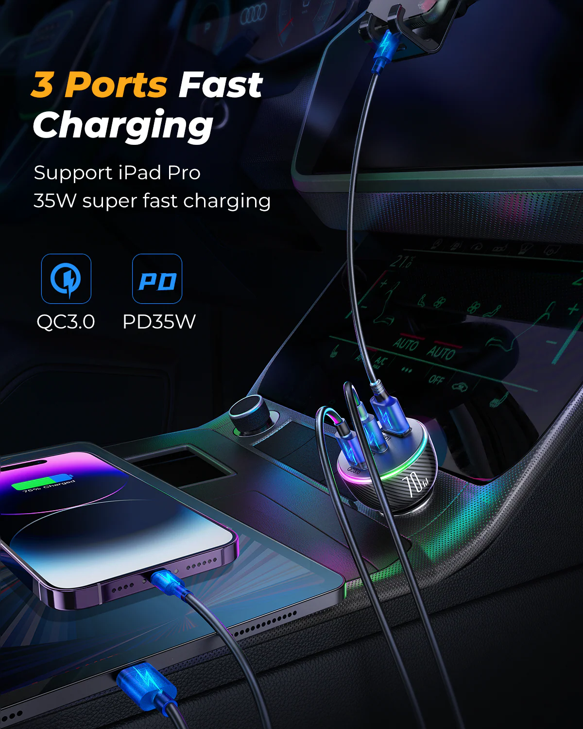 ⁦Joyroom 3-Port Car Charger 70W Dual+Usb Fast Charging Colourful Led Light JR-CL26⁩ - الصورة ⁦8⁩