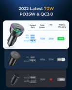 ⁦Joyroom 3-Port Car Charger 70W Dual+Usb Fast Charging Colourful Led Light JR-CL26⁩ - الصورة ⁦7⁩