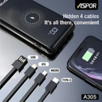 Aspor A305 All-in-One Power Bank 10000mAh 22.5W with Built-in Cables – Black - Image 2
