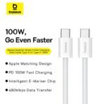 ⁦Baseus PD100W Fast Charging Type-C To Type-C Cable 1Meter⁩ - الصورة ⁦2⁩