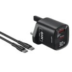 شاحن سريع Moxom Gan بقوة 30 واط بمنفذ USB+PD مع كابل Type-C إلى Type-C LX-HC825